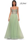 Picture of: Rhinestone Embellished Corset with Lace Up Back and Tulle Skirt in Sage , Style 32703, Detail Picture 11