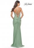 Picture of: Beaded Lace Bodice with Sheer Waist Long Jersey Gown in Sage, Style: 31306, Back Picture