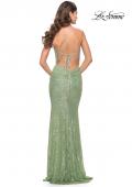 Picture of: Draped Neck Beaded Lace Prom Dress with Ruching in Sage, Style: 31527, Back Picture