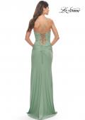 Picture of: Ruched Jersey Dress with Lace Up Back in Sage, Style: 31572, Back Picture