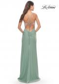 Picture of: Ruched Dress with Rhinestone Sheer Bodice in Sage, Style: 31590, Back Picture