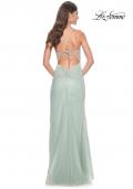 Picture of: Rhinestone Embellished Fitted Dress with Illusion Bustier Top in Sage, Style: 32435, Back Picture