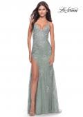 Picture of: Long Gown with Lace Applique and High Slit in Sage, Style: 30794, Detail Picture 1