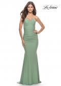 Picture of: Elegant Ruched Strapless Gown with Deep V in Sage, Style: 31226, Detail Picture 1