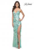 Picture of: Sage Floral Embroidered and Sequin Print Gown with Lace Up Back in Sage, Style: 32344, Detail Picture 1