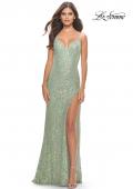 Picture of: Beaded Lace Gown with High Slit and V Neck in Sage, Style: 31388, Detail Picture 2