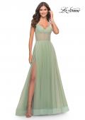 Picture of: Tulle A-line Prom Dress with Corset Sheer Bodice in Sage, Style: 31502, Detail Picture 2