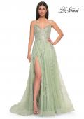 Picture of: Two Tone Tulle A-Line Prom Dress with Floral Beaded Detail in Sage, Style: 32090, Detail Picture 2