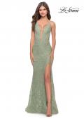 Picture of: Fitted Stretch Lace Gown with Deep V and Beading in Sage, Style: 29977, Detail Picture 3