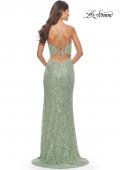 Picture of: Beaded Lace Gown with High Slit and V Neck in Sage, Style: 31388, Detail Picture 3
