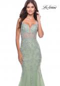 Picture of: Mermaid Tulle and Lace Gown with Illusion Bodice in Sage, Style: 31579, Detail Picture 3