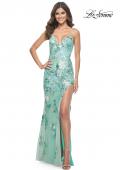 Picture of: Sage Floral Embroidered and Sequin Print Gown with Lace Up Back in Sage, Style: 32344, Detail Picture 3