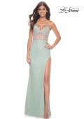 Picture of: Rhinestone Embellished Fitted Dress with Illusion Bustier Top in Sage, Style: 32435, Detail Picture 3