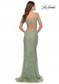 Picture of: Fitted Stretch Lace Gown with Deep V and Beading in Sage, Style: 29977, Detail Picture 4