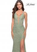 Picture of: Fitted Stretch Lace Gown with Deep V and Beading in Sage, Style: 29977, Detail Picture 5