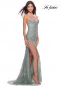 Picture of: Long Gown with Lace Applique and High Slit in Sage, Style: 30794, Detail Picture 6