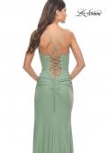 Picture of: Ruched Jersey Dress with Lace Up Back in Sage, Style: 31572, Detail Picture 7