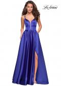 Picture of: Long Satin Formal Gown with Leg Slit and Strappy Back in Sapphire Blue, Style: 26994, Detail Picture 4