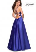 Picture of: Long Satin Formal Gown with Leg Slit and Strappy Back in Sapphire Blue, Style: 26994, Detail Picture 5
