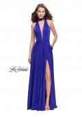 Picture of: Long Satin Prom Dress with Pockets and Beaded Choker in Sapphire Blue, Style: 26154, Main Picture