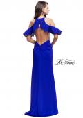 Picture of: Long Jersey Prom Dress with Laser Cut Outs and Ruffles in Sapphire Blue, Style: 25981, Back Picture