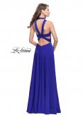 Picture of: Long Satin Prom Dress with Pockets and Beaded Choker in Sapphire Blue, Style: 26154, Back Picture