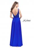 Picture of: Long Satin Prom Gown with Beaded Bodice and V Back in Sapphire Blue, Style: 26275, Back Picture