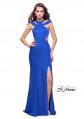 Picture of: Long Jersey Prom Dress with Ruffle Detail and Slit in Sapphire Blue, Style: 25971, Detail Picture 1
