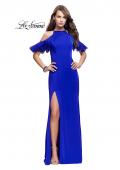 Picture of: Long Jersey Prom Dress with Laser Cut Outs and Ruffles in Sapphire Blue, Style: 25981, Detail Picture 1