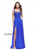 Picture of: Long Satin Prom Gown with Beaded Bodice and V Back in Sapphire Blue, Style: 26275, Detail Picture 1
