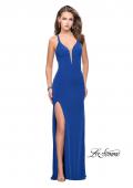 Picture of: Long Jersey Prom Dress with Lace Up Strappy Open Back in Sapphire Blue, Style: 25504, Detail Picture 2