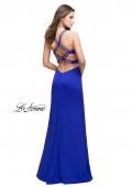 Picture of: Form Fitting Satin Gown with Side Cut Outs and V Neckline in Sapphire Blue, Style: 25853, Detail Picture 2