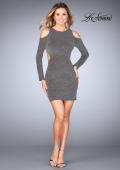 Picture of: Long Sleeve Short Dress with Shoulder Cut Outs in Silver, Style: 25306, Detail Picture 2