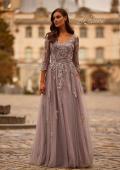 Picture of: Two Tone Lace Applique Tulle A-line Gown with Illusion Sleeves in Silver Mauve, Style: 31717, Main Picture