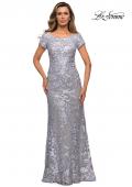 Picture of: Long Three Quarter Sleeve Floral Lace Evening Gown in Silver, Style: 27842, Main Picture