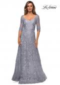 Picture of: Embroidered Lace Gown with V Neckline and Flare Skirt in Silver, Style: 27949, Main Picture