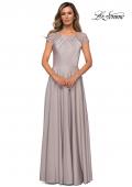 Picture of: Long Satin Dress with Sheer Floral Lace Cap Sleeves in Silver, Style: 28100, Main Picture