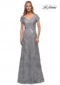 Picture of: Long Lace Mother of the Bride Gown with V Neckline in Silver, Main Picture