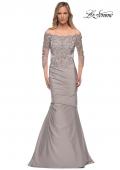 Picture of: Satin Mermaid Gown with Off the Shoulder Lace Bodice in Silver, Main Picture