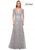 Picture of: Long Lace Evening Dress with V Neckline and Sleeves in Silver, Style: 29989, Main Picture