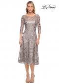 Picture of: Lace Metallic Tea Length Dress with Three-Quarter Sleeves in Silver, Style: 29993, Main Picture