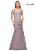 Picture of: Off the Shoulder Satin and Lace Beaded Mermaid Gown in Silver, Style: 30045, Main Picture