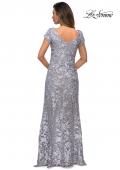 Picture of: Long Three Quarter Sleeve Floral Lace Evening Gown in Silver, Style: 27842, Back Picture