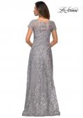 Picture of: Long Lace Dress with Sheer Neckline and Cap Sleeves in Silver, Style: 27935, Back Picture