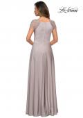 Picture of: Long Satin Dress with Sheer Floral Lace Cap Sleeves in Silver, Style: 28100, Back Picture