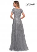 Picture of: Long Lace Mother of the Bride Gown with V Neckline in Silver, Back Picture