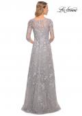 Picture of: Long Lace Evening Dress with V Neckline and Sleeves in Silver, Style: 29989, Back Picture