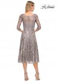 Picture of: Lace Metallic Tea Length Dress with Three-Quarter Sleeves in Silver, Style: 29993, Back Picture