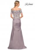 Picture of: Off the Shoulder Satin and Lace Beaded Mermaid Gown in Silver, Style: 30045, Back Picture