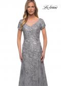 Picture of: Long Lace Mother of the Bride Gown with V Neckline in Silver, Detail Picture 1